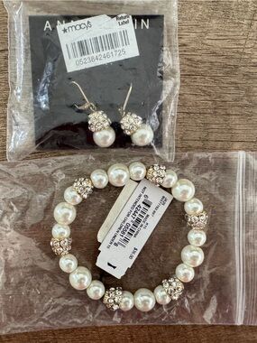 Anne Klein White Faux Pearl Bracelet and Earrings Set Gold-Tone Crystal Accents